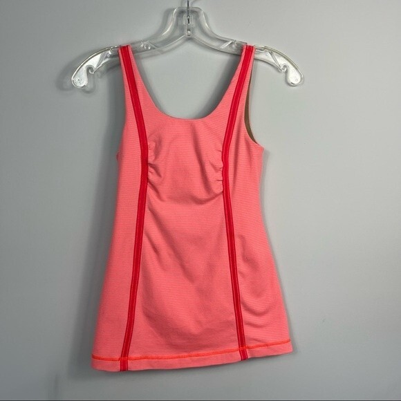 Lululemon Neon Orange Pink Striped Scoop Neck Tank Top Built In Sports Bra 4 - Picture 7 of 13